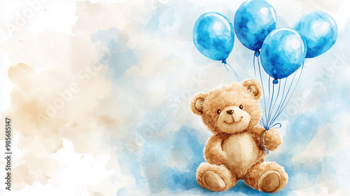 A teddy bear is holding a bunch of blue balloons. The balloons are scattered around the bear, with some floating above it and others below it. Concept of joy and playfulness