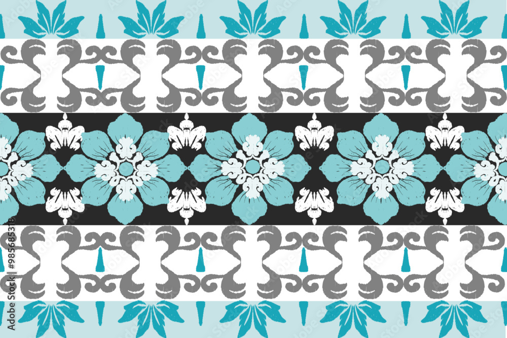 Blue, black, and white embroidery, motif ethnic ikat seamless textile illustration, print striped ornament, pattern, design for wrapping, silk, scarf, clothing, background, textile, carpets, curtains. Blue, black, and white embroidery, motif ethnic ikat seamless textile illustration, print striped ornament, pattern, design for wrapping, silk, scarf, clothing, background, textile, carpets, curtains.