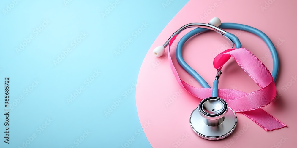 Pink Ribbon and Stethoscope on Blue and Pink Background. Pink Ribbon and Stethoscope on Blue and Pink Background.