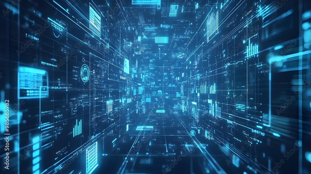 Futuristic Abstract Grid with Business Icons for Digital Interface and Corporate Technology Futuristic Abstract Grid with Business Icons for Digital Interface and Corporate Technology