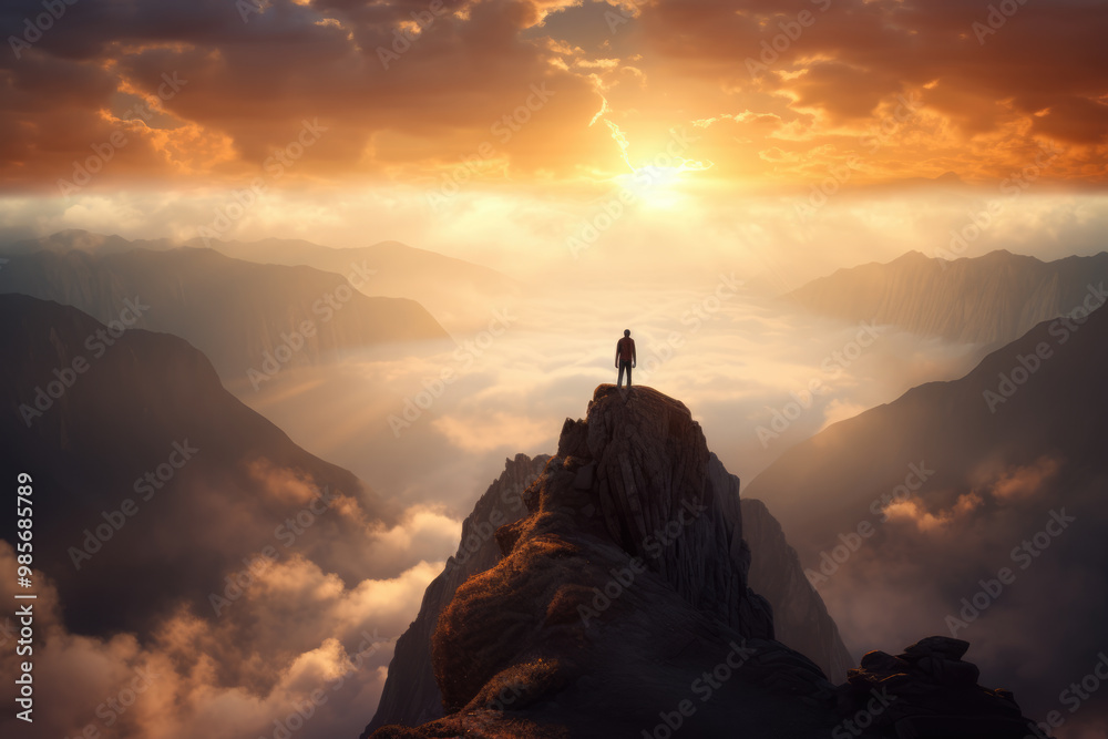 generated illustration of a person standing on top of a mountain  breathtaking view of mountains