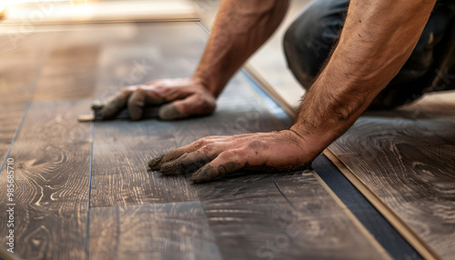 Hands installing wooden flooring with care and precision