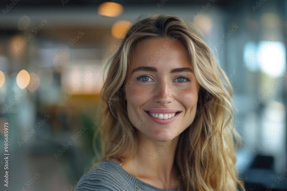 Beautiful woman smiling with confidence in modern office Beautiful woman smiling with confidence in modern office