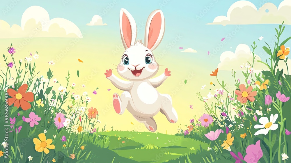 A cute cartoon bunny rabbit jumps through a field of flowers. A cute cartoon bunny rabbit jumps through a field of flowers.