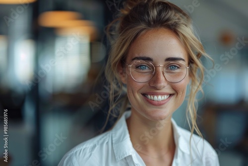 Young professional woman wearing glasses smiling in office