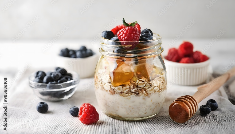 A glass jar filled with overnight oats, topped with fresh berries and a drizzle of honey A glass jar filled with overnight oats, topped with fresh berries and a drizzle of honey