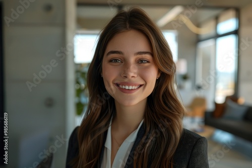 Young happy businesswoman smiling while working in modern office