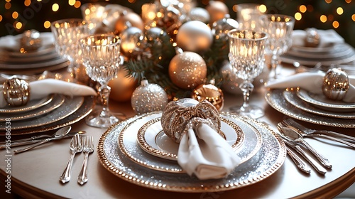 Overhead view of a glamorous Christmas table decorated with silver and gold accents, crystal glassware, glittering ornaments, and shimmering napkin rings, warm candlelight casting soft reflections, photo