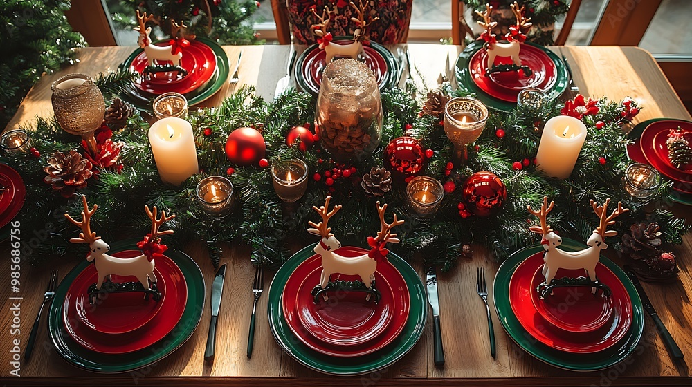 Fototapeta premium Overhead view of a playful Christmas table setting with mini reindeer figurines, sleigh napkin holders, and festive red and green tableware, candlelight casting soft shadows,