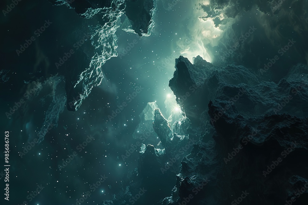 A dark sky with a few clouds and stars. A dark sky with a few clouds and stars.
