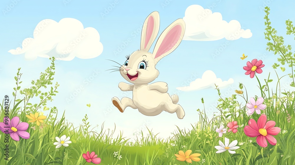 A white bunny rabbit leaps through a field of wildflowers. A white bunny rabbit leaps through a field of wildflowers.