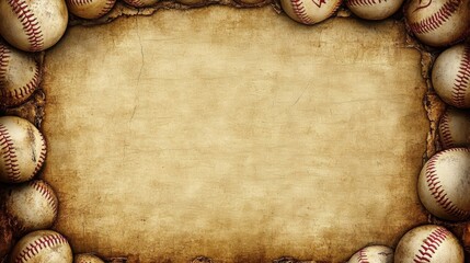 Vintage baseball border on worn parchment background