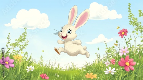 A white bunny rabbit leaps through a field of wildflowers.