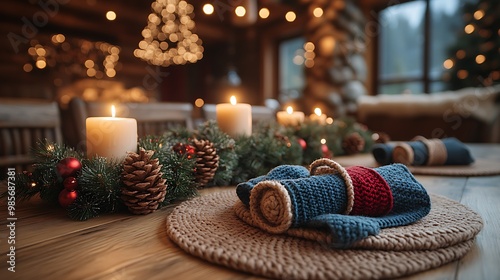 Wallpaper Mural Rustic Christmas table setting with knit napkin rings, natural pine garland intertwined with twinkling lights, wooden accents, and glowing candlelight, set in a warm and cozy cabin, Torontodigital.ca