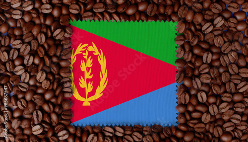 A close-up of the Eritrea flag surrounded by roasted coffee beans, symbolizing the blend of culture with the nation's love for coffee. photo