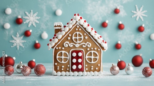 Gingerbread House with Christmas Decorations on Blue Background