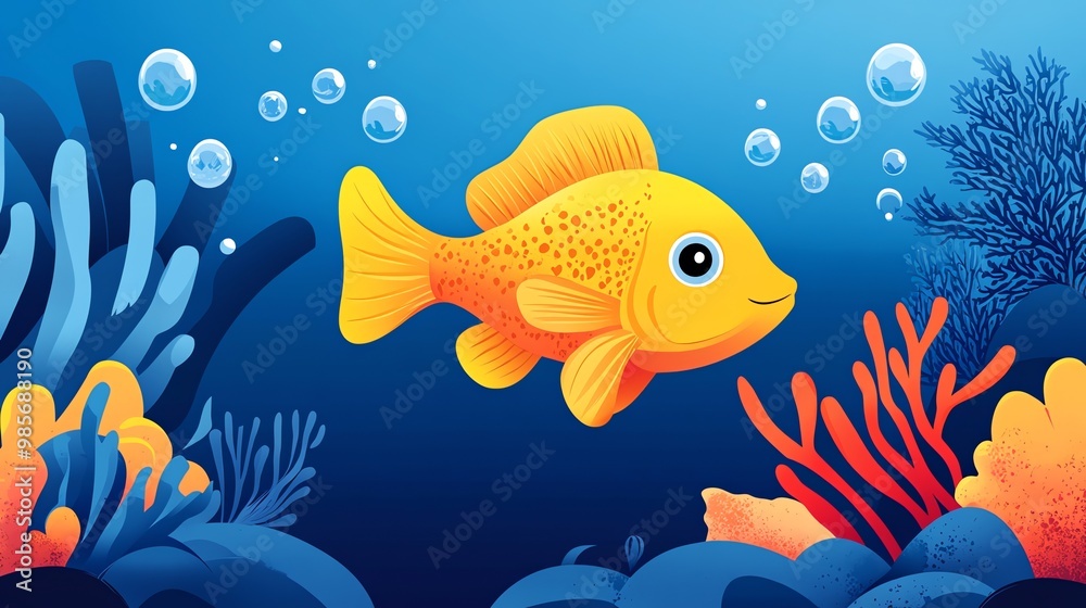 A cartoon fish with orange and yellow scales swims through the blue ocean. A cartoon fish with orange and yellow scales swims through the blue ocean.