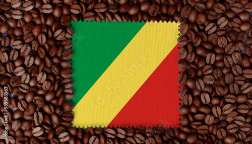 A close-up of the Republic of the Congo flag surrounded by roasted coffee beans, symbolizing the blend of culture with the nation's love for coffee. photo