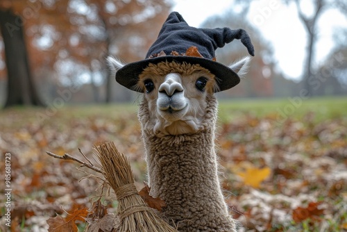 An alpaca wearing a witch s hat and carrying a broom, standing in a Halloween-themed field with festive decorations and autumn leaves, creating a charming and whimsical farm animal scene photo