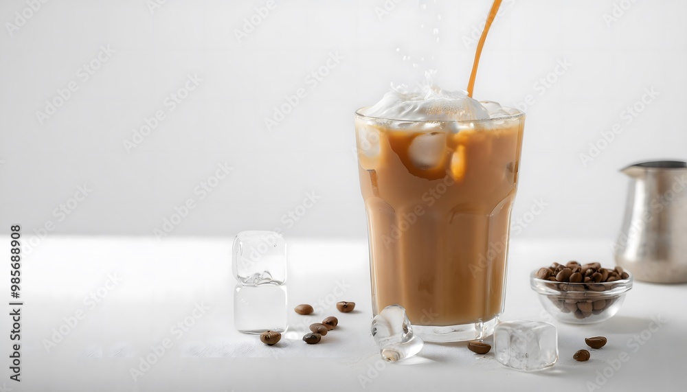 A glass of iced coffee with a splash of cream, served on a white background with ice cubes A glass of iced coffee with a splash of cream, served on a white background with ice cubes