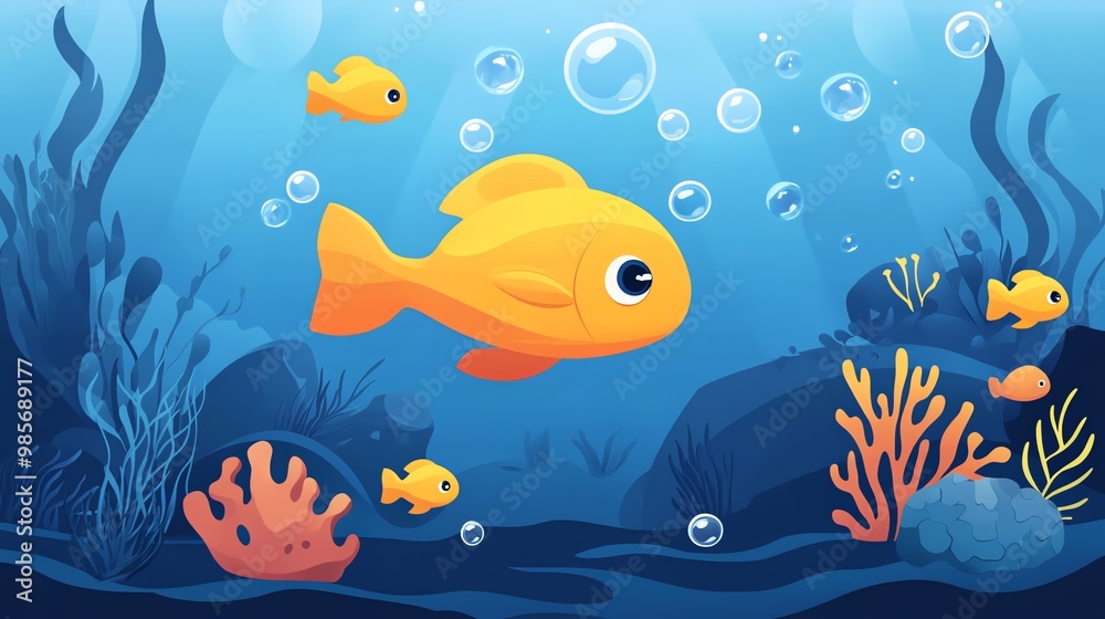 Cartoon illustration of colorful fish swimming in the ocean.