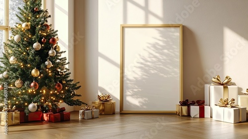 Christmas tree with gifts and blank frame