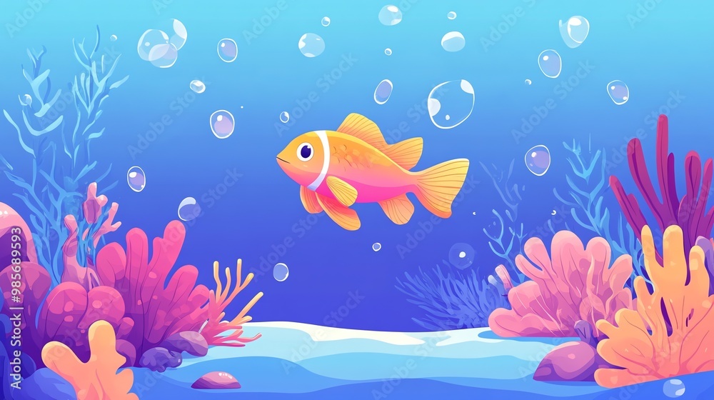Cartoon illustration of a colorful fish swimming among bubbles and coral.