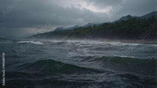 Close-up of rough sea waves with stormy sky under the weather of rainstorm.