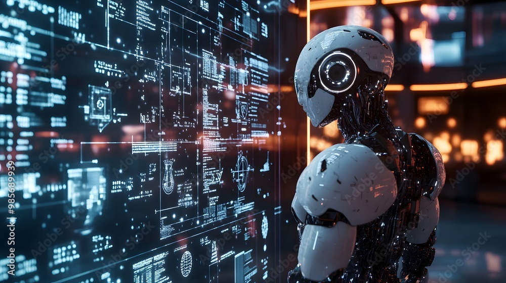 Fototapeta premium A futuristic robot analyzes data on a digital display.
