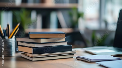 Stack of Business Books and Notes on Wooden Desk Showcasing Continuous Learning and Development