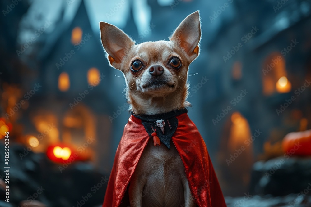 A Chihuahua wearing a Dracula cape, standing proudly in front of a spooky castle with dark, moody lighting and eerie Halloween decorations, creating a chilling and playful pet portrait