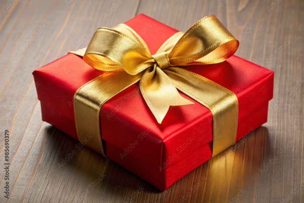 Obraz premium Gifted red box wrapped in vibrant scarlet paper and adorned with a golden bow, awaits an extraordinary occasion
