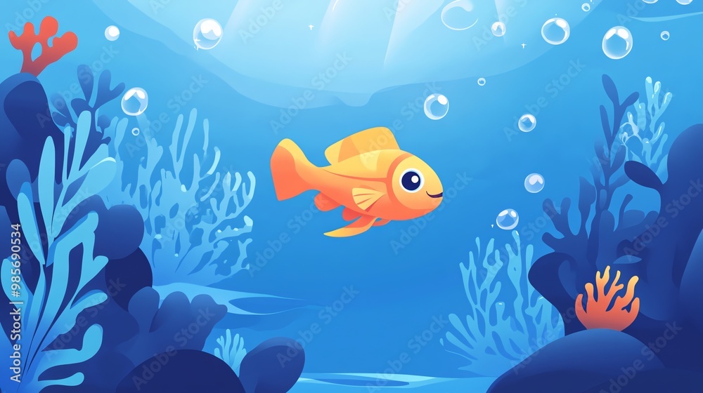 A cartoon fish swims in a blue ocean with bubbles, surrounded by coral and seaweed.