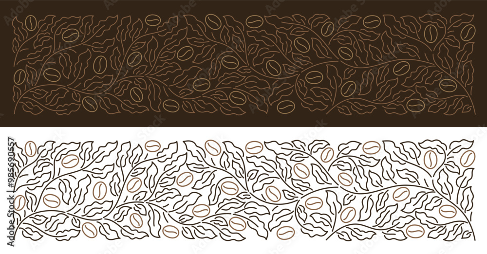 Coffee-Themed Vector Design with Botanical Ornament Background. Vector editable outline line stroke.