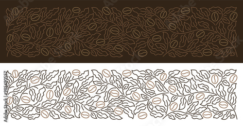 Coffee-Themed Vector Design with Botanical Ornament Background. Vector editable outline line stroke.