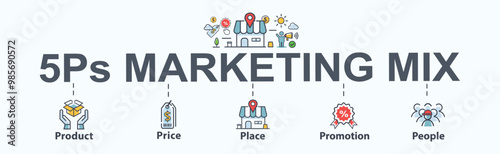 5P Marketing mix web icon vector illustration concept for business and digital marketing, price, place, promotion, people and product. Minimal vector infographic.