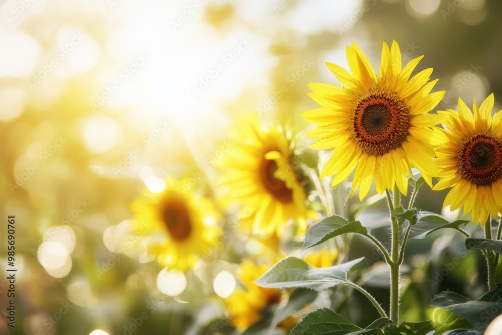 Sunlit sunflowers in bright summer field Sunlit sunflowers in bright summer field