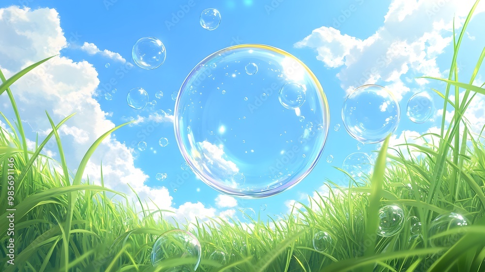 Floating Bubbles in Serene Meadow Under Cloudy Sky Floating Bubbles in Serene Meadow Under Cloudy Sky