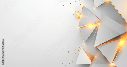 Abstract light gray background with gold geometric shapes on white paper, web poster, banner. AI generation.