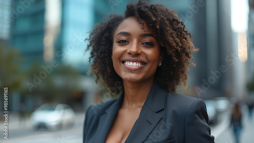 Portrait of a beautiful black afro american woman in suit outdoors with a blurry business center in backdrop