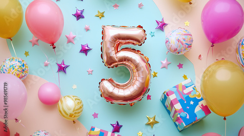 happy 5th birthday, balloons in colourful background 