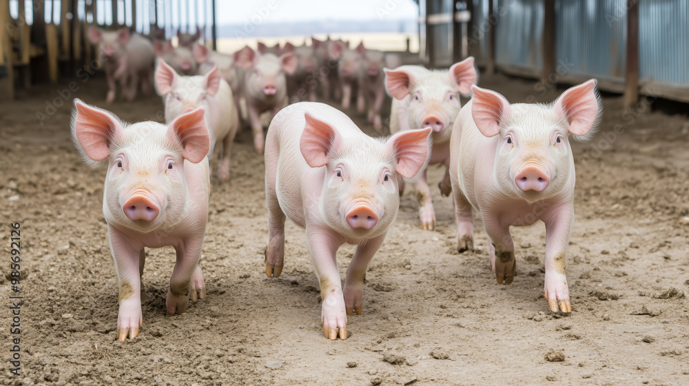 Curious piglets walking together on a farm barnyard, with a focus on the front group of pigs in a rural setting Curious piglets walking together on a farm barnyard, with a focus on the front group of pigs in a rural setting
