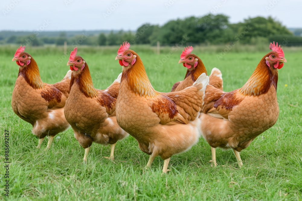 Fototapeta premium A flock of brown hens standing together on a grassy pasture