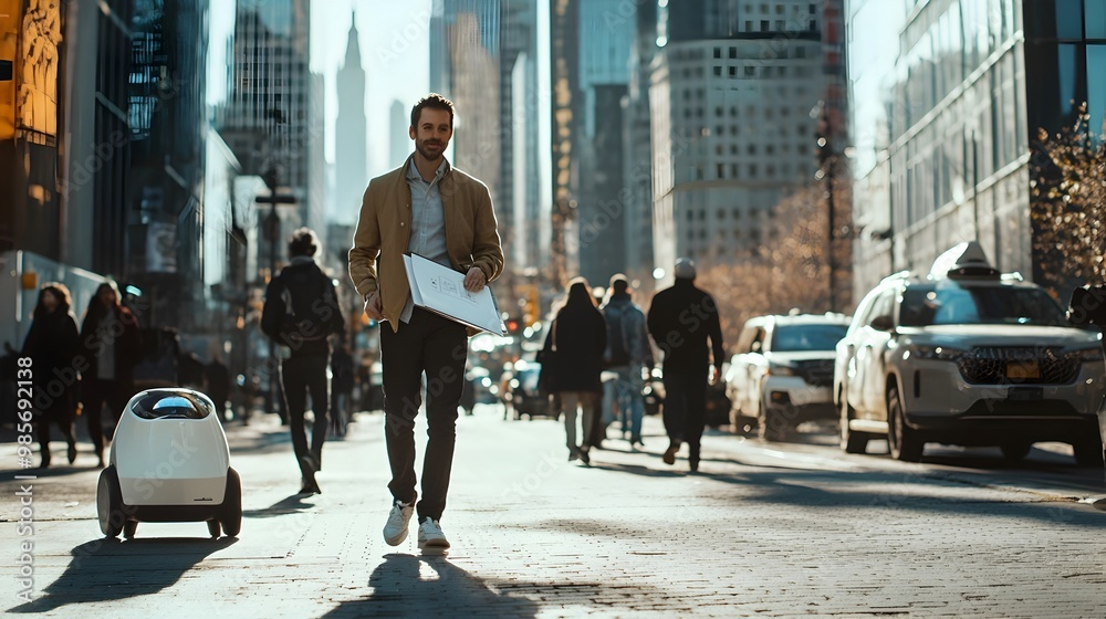 Office Worker Followed by Robotic Assistant Carrying Documents in Busy City Street Office Worker Followed by Robotic Assistant Carrying Documents in Busy City Street