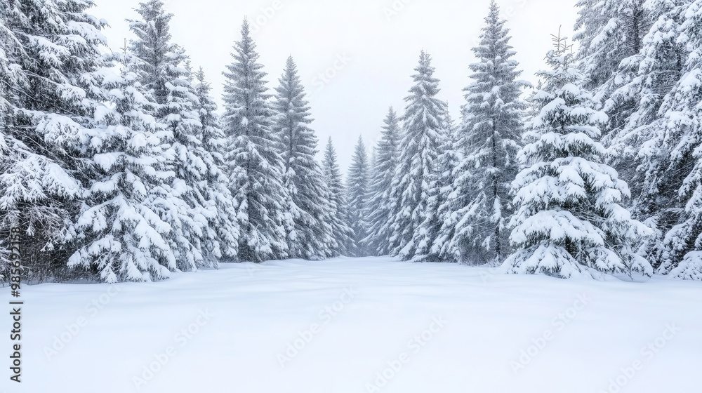A quiet winter forest path lined with snow-covered pine trees, winter A quiet winter forest path lined with snow-covered pine trees, winter