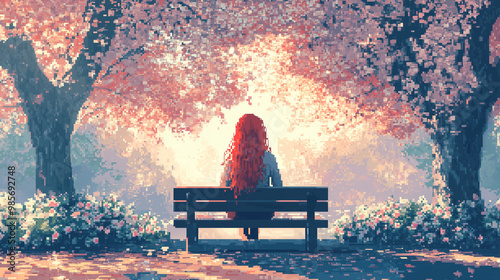 A woman sits on a bench in a park with cherry blossoms in the background. The scene is peaceful and serene, with the woman enjoying the beauty of nature. Pixel art