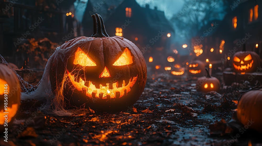 Spooky Halloween scene featuring carved pumpkins glowing in a misty, eerie atmosphere, creating a festive yet chilling ambiance. Spooky Halloween scene featuring carved pumpkins glowing in a misty, eerie atmosphere, creating a festive yet chilling ambiance.