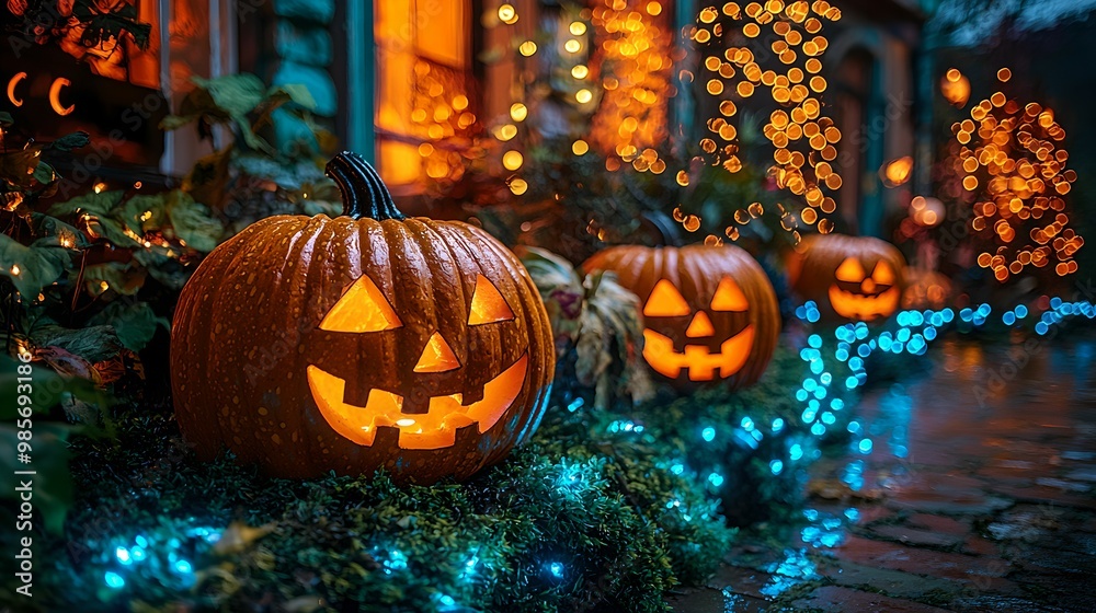 A cozy Halloween scene featuring glowing jack-o'-lanterns and festive lights along a decorated pathway. A cozy Halloween scene featuring glowing jack-o'-lanterns and festive lights along a decorated pathway.