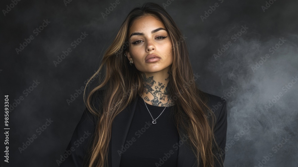 Trendy Hispanic Female Model. Bold Look with Black Blazer and Tattoos in Foggy Background Trendy Hispanic Female Model. Bold Look with Black Blazer and Tattoos in Foggy Background