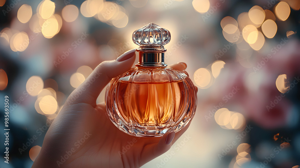 A woman’s hand adorned with perfectly manicured nails holding a high-end perfume bottle, the backdrop blurred to keep focus on the product A woman’s hand adorned with perfectly manicured nails holding a high-end perfume bottle, the backdrop blurred to keep focus on the product